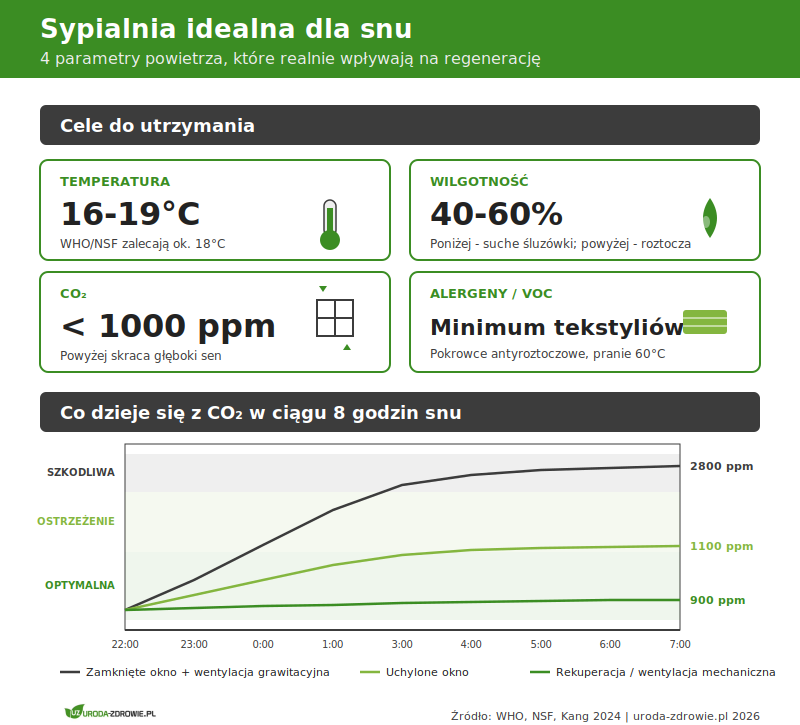 Sypialnia idealna dla snu - 4 parametry powietrza (temperatura, wilgotność, CO2, alergeny) oraz wykres pokazujący wzrost stężenia CO2 w ciągu 8 godzin snu w trzech scenariuszach wentylacji