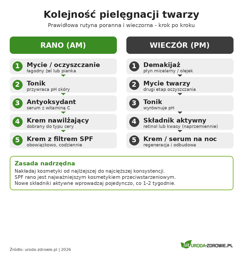 Schemat kolejności pielęgnacji twarzy rano i wieczorem, pięć kroków rutyny AM i PM