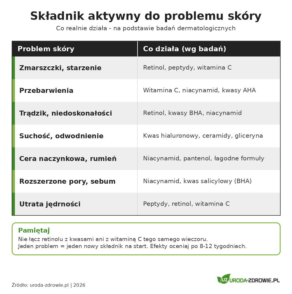 Tabela dopasowania składników aktywnych do problemów skóry, retinol witamina C niacynamid kwas hialuronowy