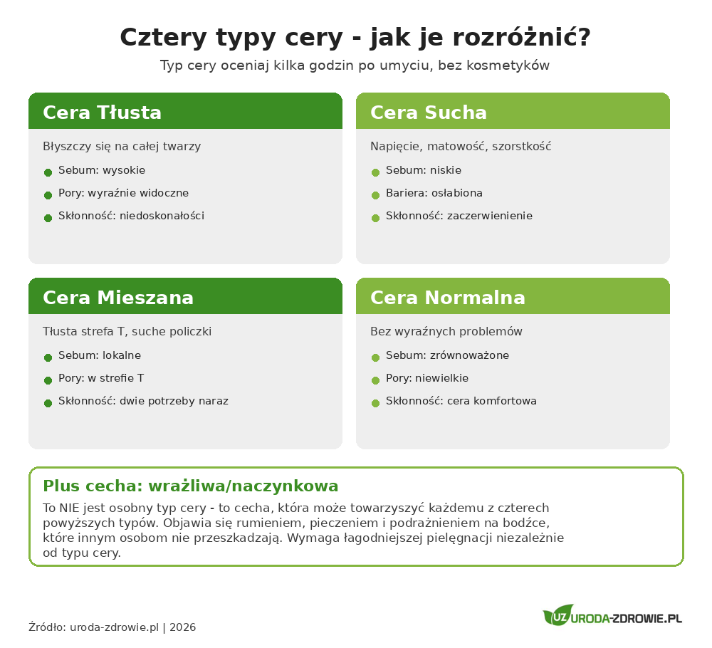 Cztery typy cery - tłusta, sucha, mieszana, normalna - jak je rozróżnić